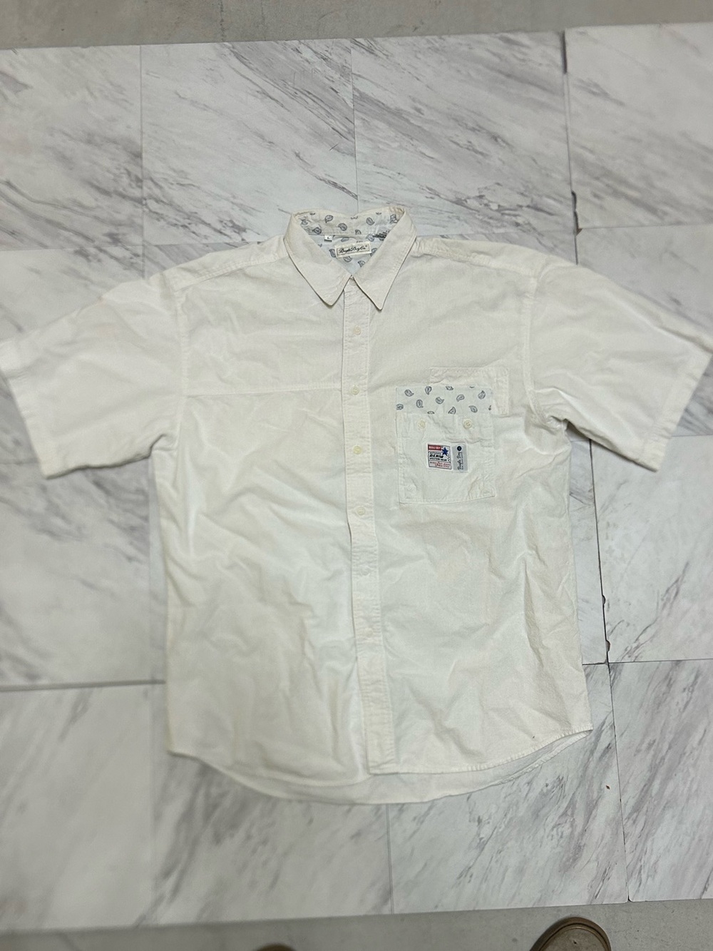 vintage 80s short sleeve bugle boy jeans white button up